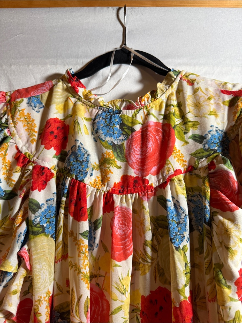 Rose & Olive Cream Floral Ruffle-Trim Tunic with Red, Blue & Yellow Blooms - Picture 7 of 9